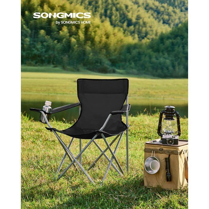 Juego de 2 sillas plegables de camping SONGMICS - con reposabrazos y portavasos - Estructura estable - Capacidad de carga de 120 kg - Negras