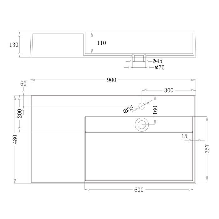 Lavabo mural doporro, blanco, 90 cm, lavabo de encimera con desagüe, lavabo rectangular, 90 x 48 x 13 cm, Colossum12-R