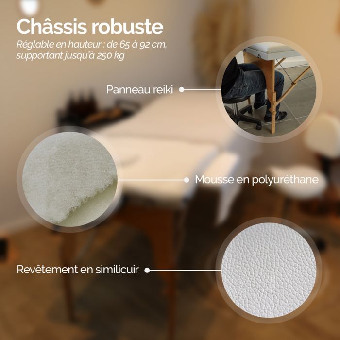 Camilla de masaje plegable de madera de 15 cm y 3 secciones con panel Reiki + accesorios y estuche de transporte - Blanca - Vivezen