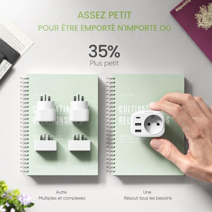 Adaptateur de Prise - LENCENT - France vers UK - 2 Ports USB - 1 Type-C - Ignifuge