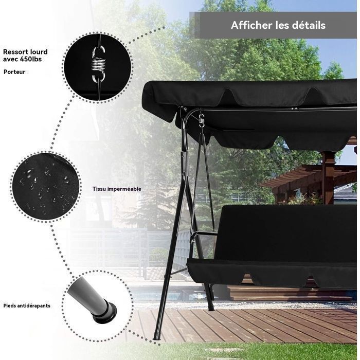 Columpio de jardín YODOLLA de 3 plazas - Toldo impermeable ajustable, cojín extraíble, para jardín y patio, 172x112x150 cm, negro