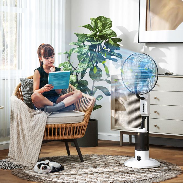 Ventilador nebulizador HOMCOM - 90W - Oscilación de 70°, 3 velocidades, depósito de agua de 2,8L y ruedas - Blanco