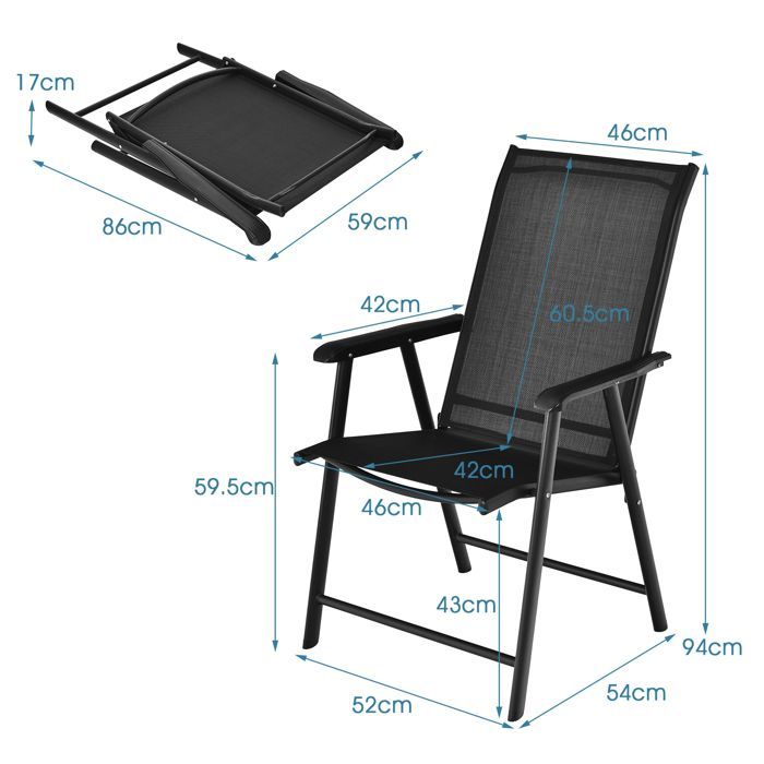 Juego de 2 sillas plegables de jardín para exteriores COSTWAY, con cierre de seguridad, estructura metálica y capacidad de carga de 150 kg, ideales para patio o playa. Color negro.