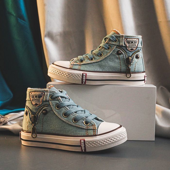 Baskets Haute en Toile Enfant Chaussures Léger en Denim Respirante Antidérapant Pour Garcon et Fille - Bleu Clair