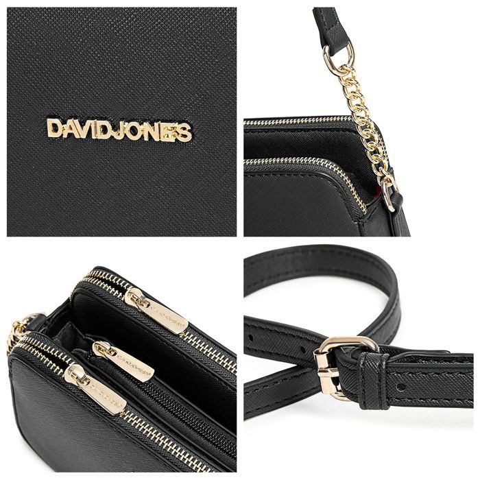 David Jones - Small Women's Crossbody Bag - Shoulder Bag with Chain Strap, PU Leather, 3 Compartments - Multi-Pocket Bag - Black