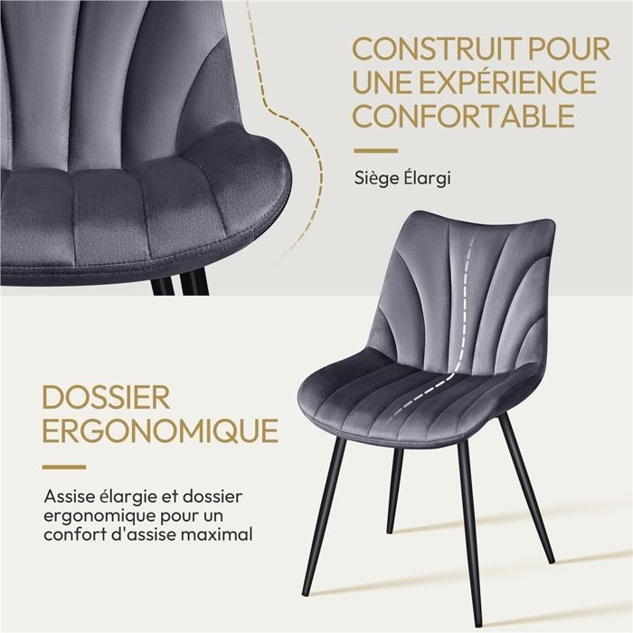 Yaheetech Lot de 4 Chaises de Salle à Manger avec Dossier Chaise de Cuisine Rétro Assise en Velours et Pieds en Métal Gris Foncé