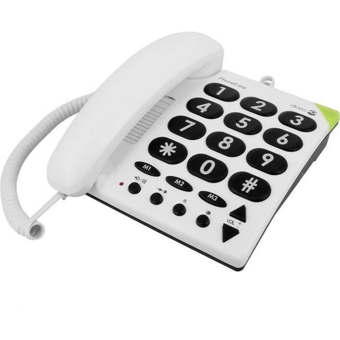 Teléfono con cable Doro PhoneEasy 311c, blanco, botones grandes, audífono para personas mayores