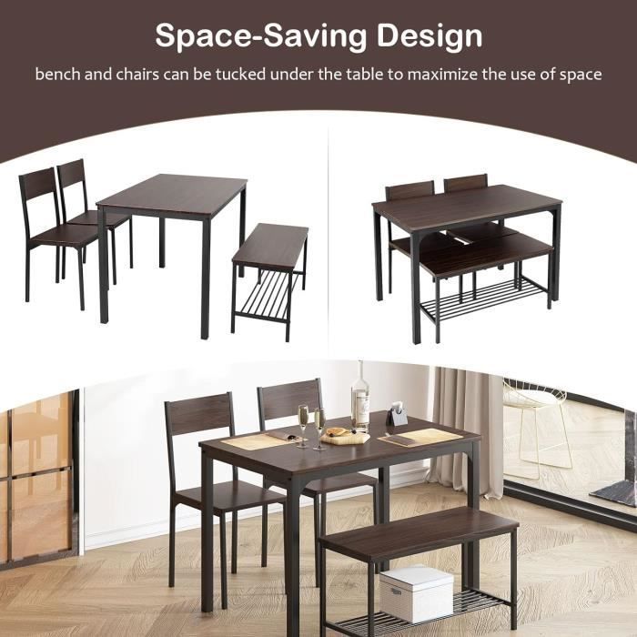 NEED Ensemble table à manger pour 4 personnes, 110 cm 2 chaises avec dossier, banc pour 2 personnes avec étagère de rangement,
