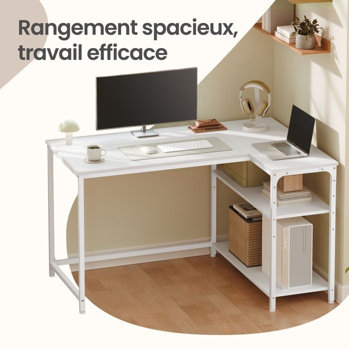 Bureau en L, Étagères Réglables avec Rangement, 110 x 80 cm, Blanc