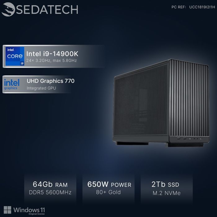 Sedatech Mini-PC Professionnel Micro ATX • Intel i9-14900K • 64Go DDR5 • 2To SSD M.2 • Windows 11