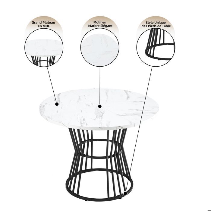 Mesa de cozinha moderna em mármore com pés de metal, 100 cm de diâmetro e cor preta.