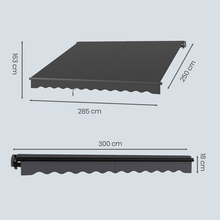 Toldo regulable con manivela, protección UPF 50+, aleación de aluminio, 300 x 250 cm, gris.