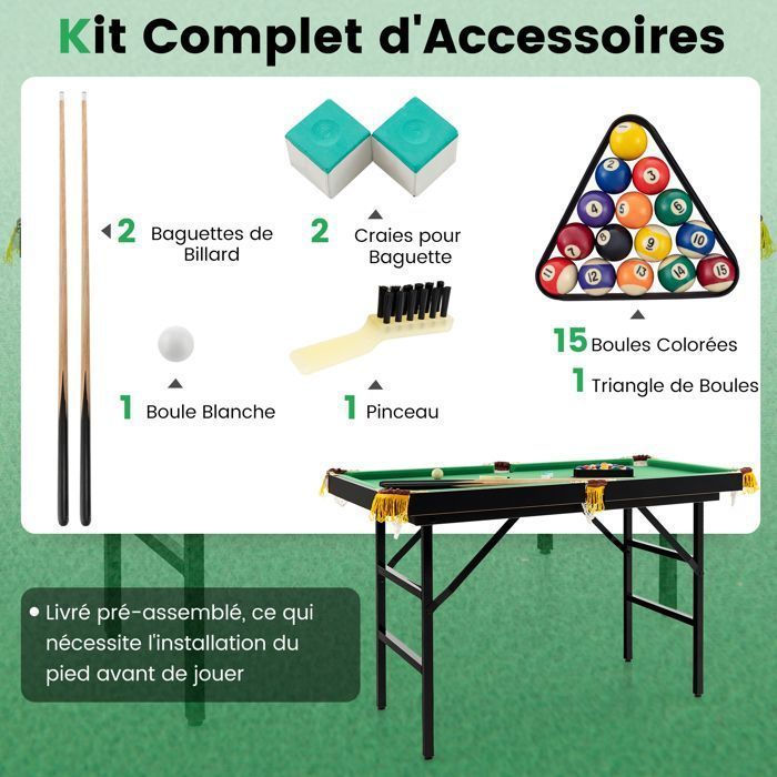 Tavolo da biliardo pieghevole DREAMADE da 122 cm con accessori, mini gioco da tavolo portatile per bambini e adulti con stecche, verde
