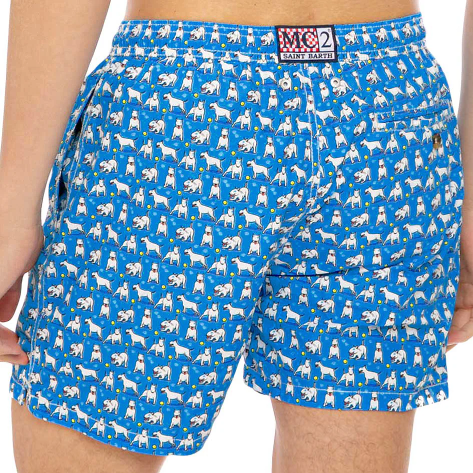 Calção de banho masculino leve com estampa de bull terrier.
