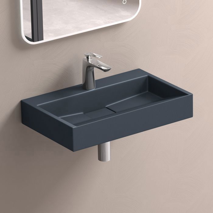 Lavabo mural Doporro con desagüe, lavabo de encimera, gris mate/negro, 50x38x11cm, lavabo rectangular con orificio para taladrar, Colossum19