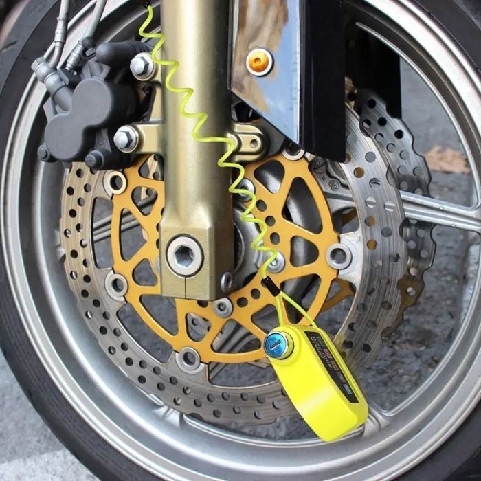Candado de disco para motocicleta con alarma de 110 dB, reforzado, resistente al agua, cable recordatorio de 1,2 m, 2 llaves de seguridad, universal de 7 mm para motocicletas, scooters y bicicletas.