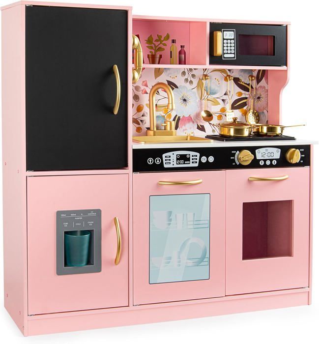 MEMO Roze Houten Keuken voor Kinderen: Realistische Licht- en Geluidseffecten, Gouden Accessoires! Leuk en leerzaam!