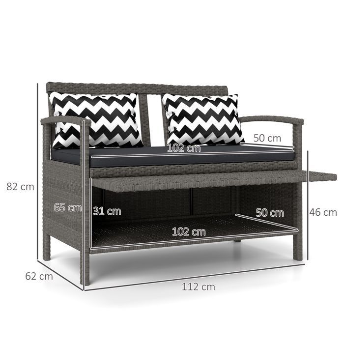 Banco de jardín con almacenamiento - Outsunny - 2 plazas - 160 L - con cojín y 2 almohadas - estructura de acero - ratán sintético - gris