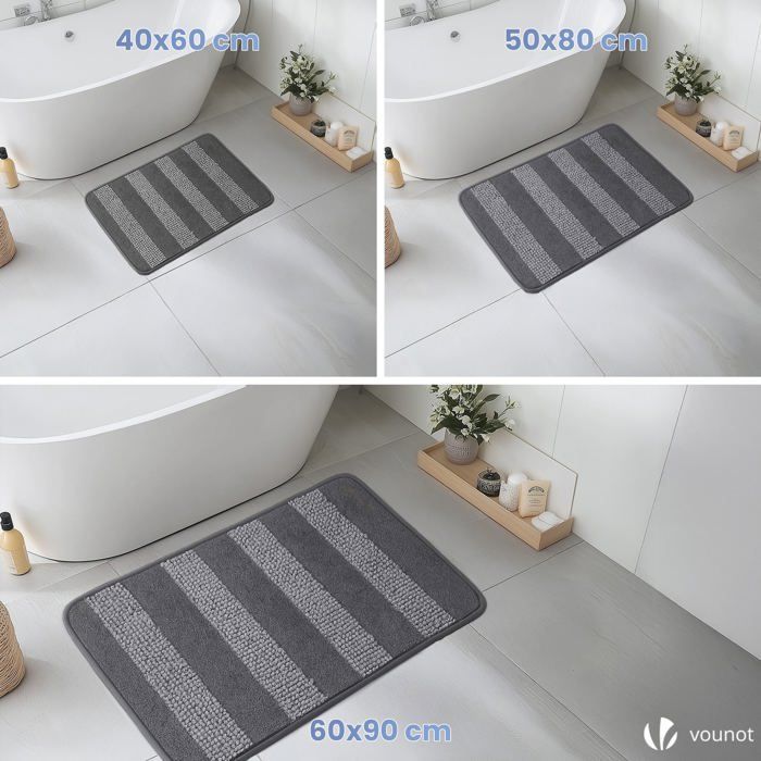 VOUNOT® Lot de 2 Tapis de Bain Antidérapant chenille microfibre 50x80cm gris