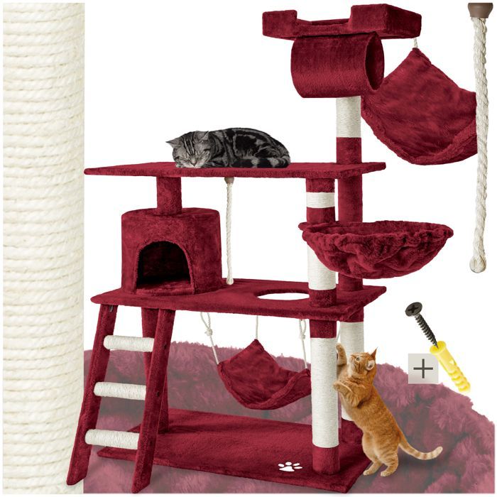 Arbre à chat - TECTAKE - Mobilier pour chat MARCEL 141 cm de hauteur avec cordelette, griffoir et zones de couchage - Rouge