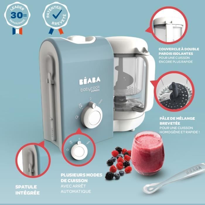 BEABA, Babycook express, robot bébé, 4 en 1 mixeur-cuiseur, bleu baltique