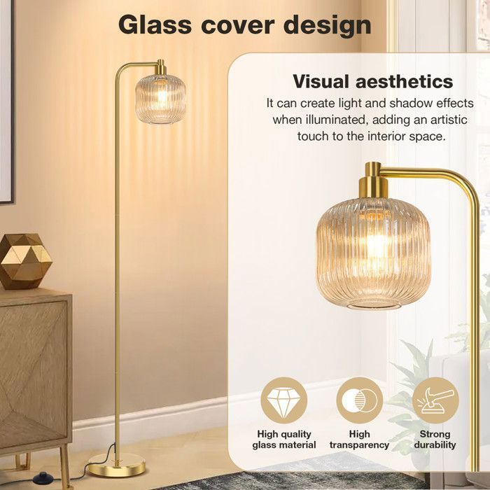 Lampadaire salon avec Abat-jour en verre nervuré marron clair,ampoule LED,interrupteur à pied,base métal stable,Pour cuisine