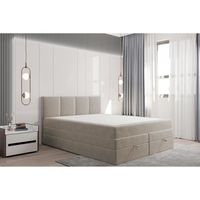 Letto matrimoniale PRADO 140x200 cm con contenitore e materasso a molle insacchettate - tessuto in velluto - beige
