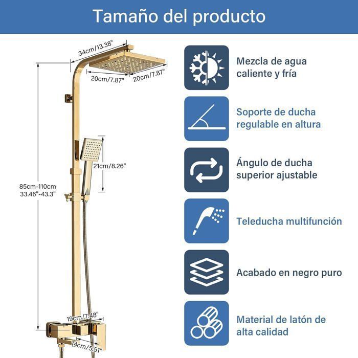 Gold Shower Column, Shower System, Shower Set, Solid Wall-Mounted Shower Kit, Adjustable Height 750-1100mm with Hand Shower