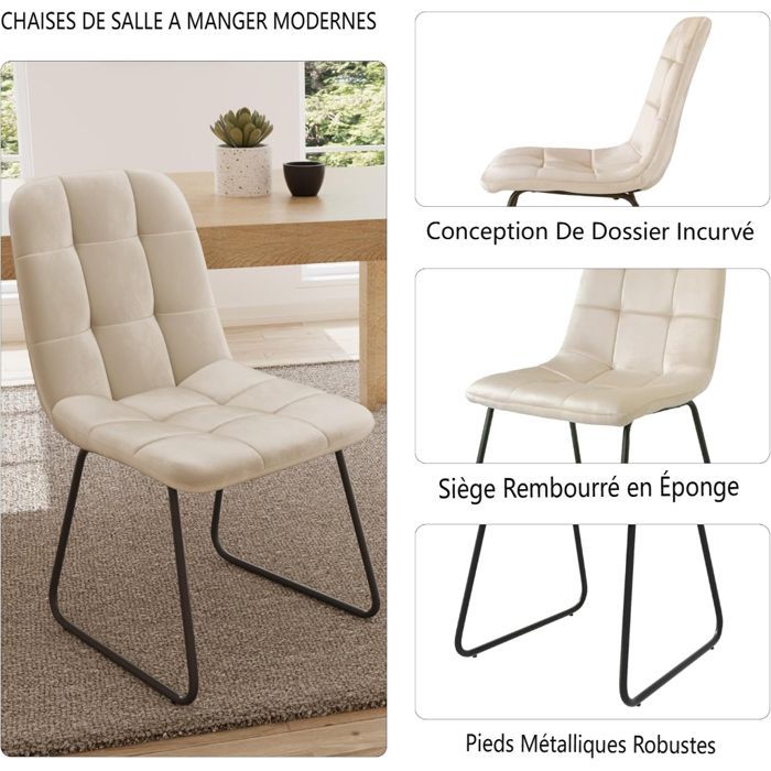 JIEXI Lot de 6 Chaises de Salle à Manger Ergonomique,Chaise de Cuisine en Velours Rembourrée,U Pieds en Métal (beige)