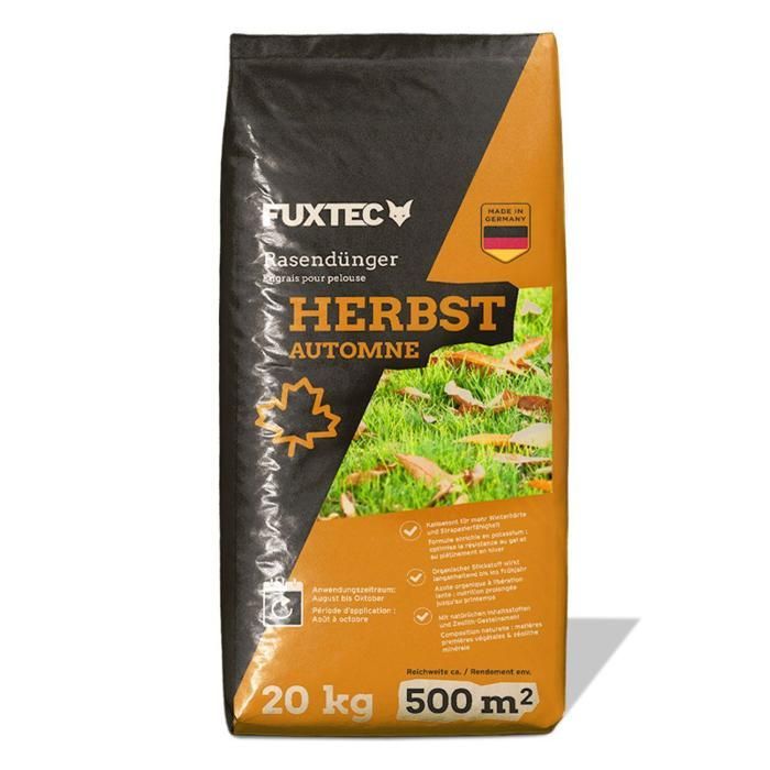 Engrais gazon automne FUXTEC FX-RDH20 enrichi en potassium sac 20 kg pour 1000 m2 granulés solubles fabrication allemande