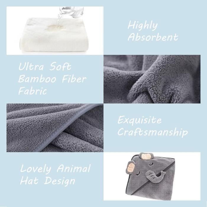 Capa de baño con capucha para bebé de 2 piezas, 80x80 cm, toalla de baño súper absorbente para bebés, toalla de baño para recién nacidos, de 0 a 5 años, diseño de elefante.