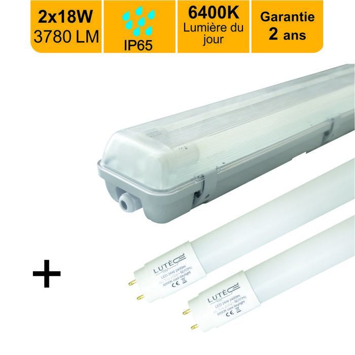 Carcasa para tubo LED de 120 cm con orificio pasante, protección IP65 + 2 tubos LED de 18 W, 37800 lm, 6500 K - 2 años de garantía