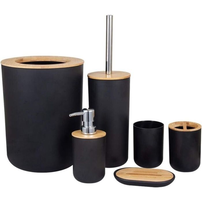 Set di accessori per il bagno: portaspazzolino in bambù, piano d'appoggio in legno autoportante, dispenser di sapone, scopino per WC (nero)