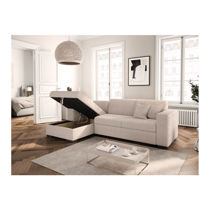 FUJI XL 4-seater left-hand corner sofa bed with storage in corduroy - Beige - W262 x D157 x H83cm - LOUNGITUDE