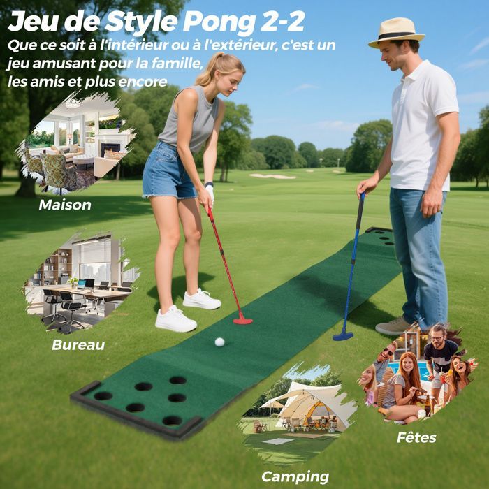 Tapete de práctica de golf COSTWAY de 332 cm con 2 putters ajustables, 6 pelotas y 12 fundas para hoyos, ideal para veladas familiares.