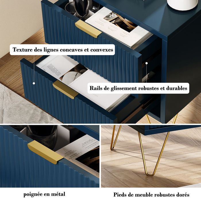 Table de chevet - LUMINARIX - 2 Tiroirs - Bleu Foncé - Métal Doré - Moderne