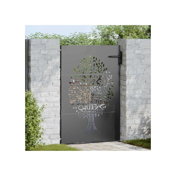 Puerta de jardín de acero - vidaXL - 85x125 cm - Negra - Diseño de árbol cortado con láser - Resistente a la intemperie