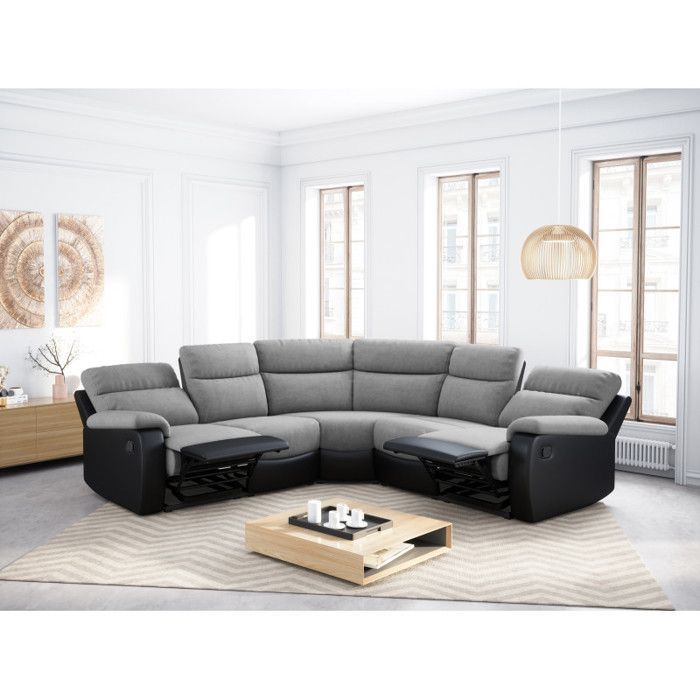 Canapé d'Angle de Relaxation OSCAR 5 places bi-matière - Gris/Noir - L238 x P238 x H99cm - LOUNGITUDE