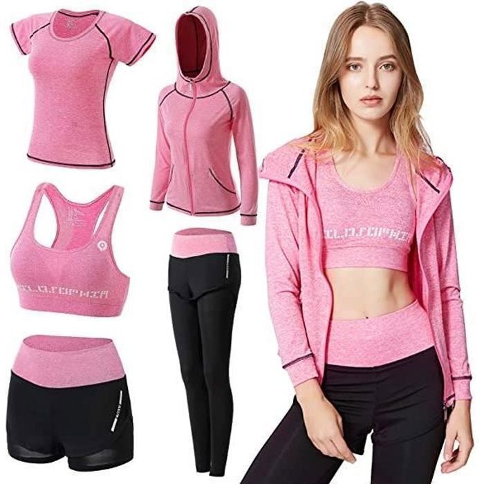 Survêtement Femme Ensembles Sportswear 5 Pièce Costumes de Sport Gym Yoga Athletisme Fitness Jogging Survêtement Tenue de Sport Rose