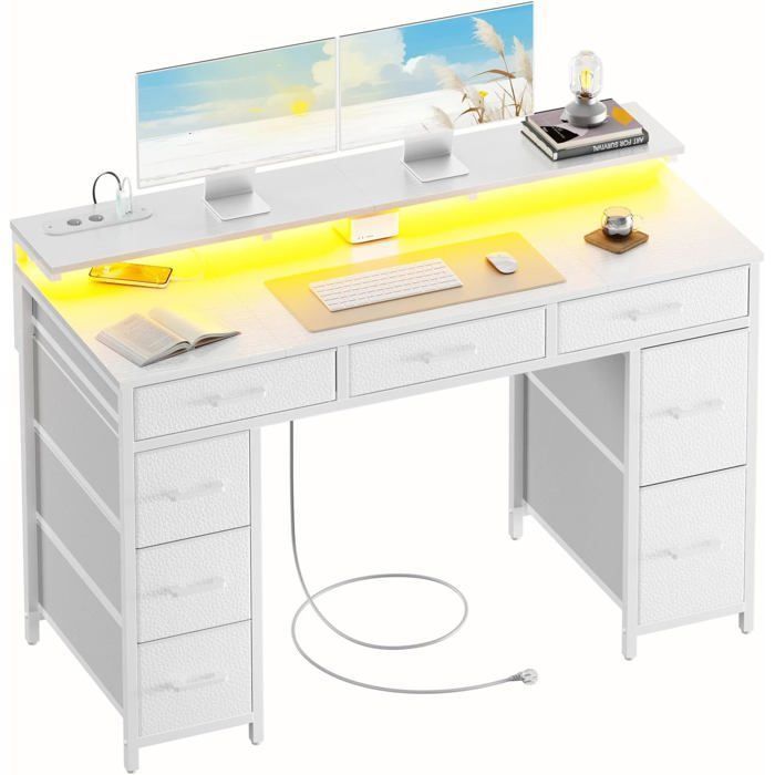 HLONONE Bureau avec 8 Tiroirs en Tissu, 120 × 50 cm Bureau Gaming LED avec Prises & Ports USB, Bureau Gamer, Blanc