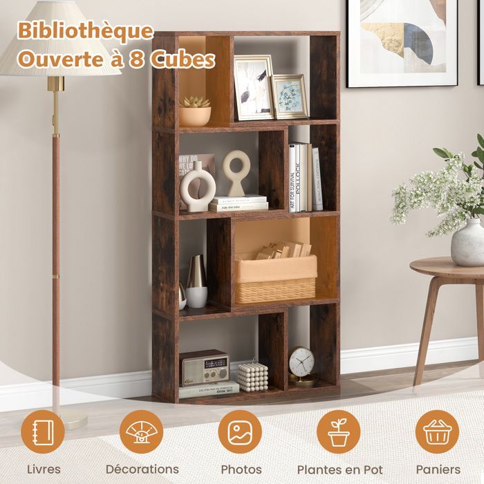 COSTWAY Geometric Bookshelf 120cm with 4 Tiers and 8 Cubes, Open Wooden Storage Shelf for Living Room, Bedroom, Office, Brown