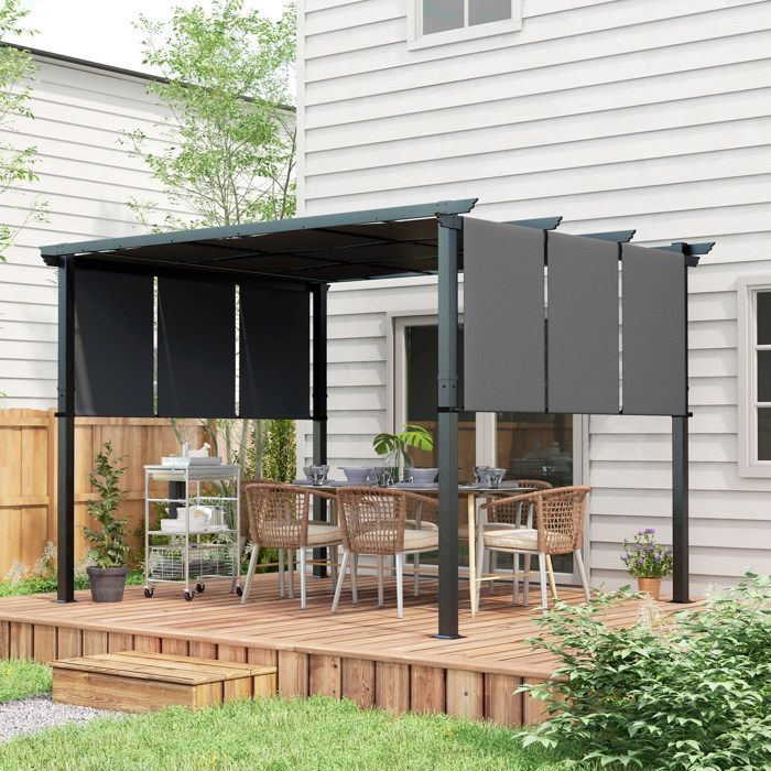 Pérgola Outsunny com 3 toldos deslizantes, estrutura em aço preto e tecido de poliéster de alta densidade - 3,5 x 3 x 2,35 m, cinza escuro.