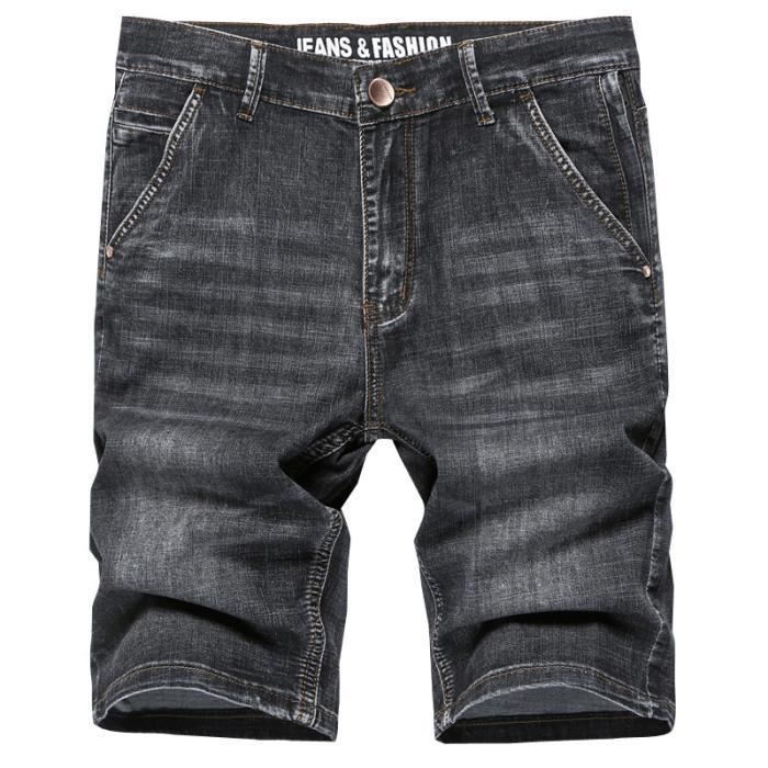Pantalones cortos vaqueros grises para hombre con bolsillo con cremallera antirrobo, pantalones cortos vaqueros multibolsillos con efecto lavado - Gris