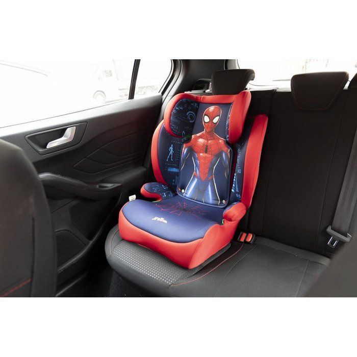 Seggiolino auto Tataway Marvel Spiderman da 100 a 150 cm, grafica supereroe, sfondo rosso e blu