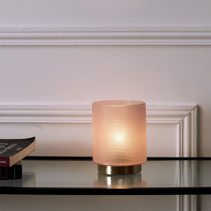 Lámpara de mesa de cristal ahumado rosa repujado con base dorada - LORI