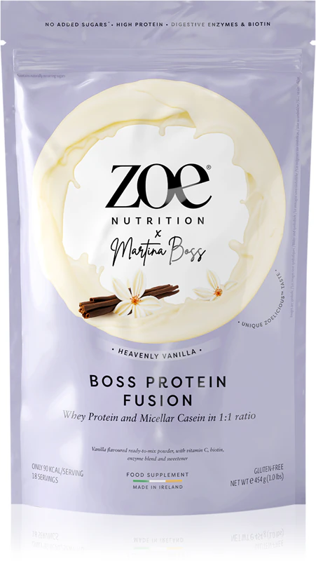 Suplemento alimentar ZOE Boss Protein Fusion, proteína de soro de leite com enzimas digestivas.