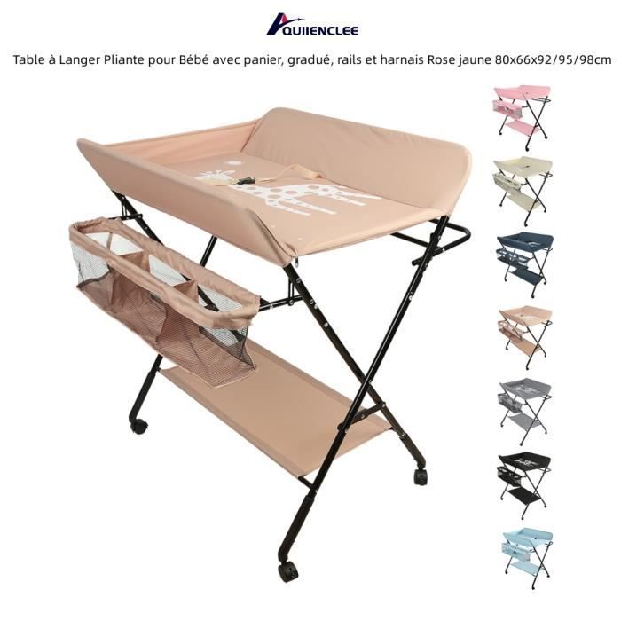 QUIIENCLEE Table à Langer Pliante pour Bébé avec panier, gradué, rails et harnais Rose jaune 80x66x92/95/98cm [Motif de girafe]