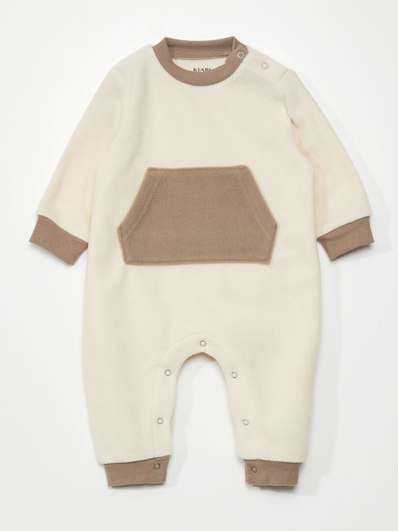 Pijama de lã polar bicolor com bolso canguru - BEGE