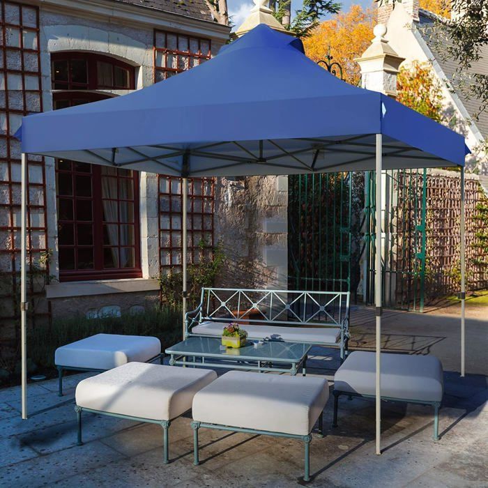GOPLUS Tonnelle de Reception Pliant 3x3M, Tonnelle de Jardin Pop-UP, Pieds Réglables 305/320/335CM, avec Sac à roulettes, Bleu