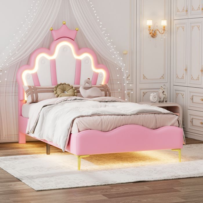 Cama infantil tapizada Crown - 90x200 cm - Iluminación LED multicolor integrada - Somier de láminas incluido